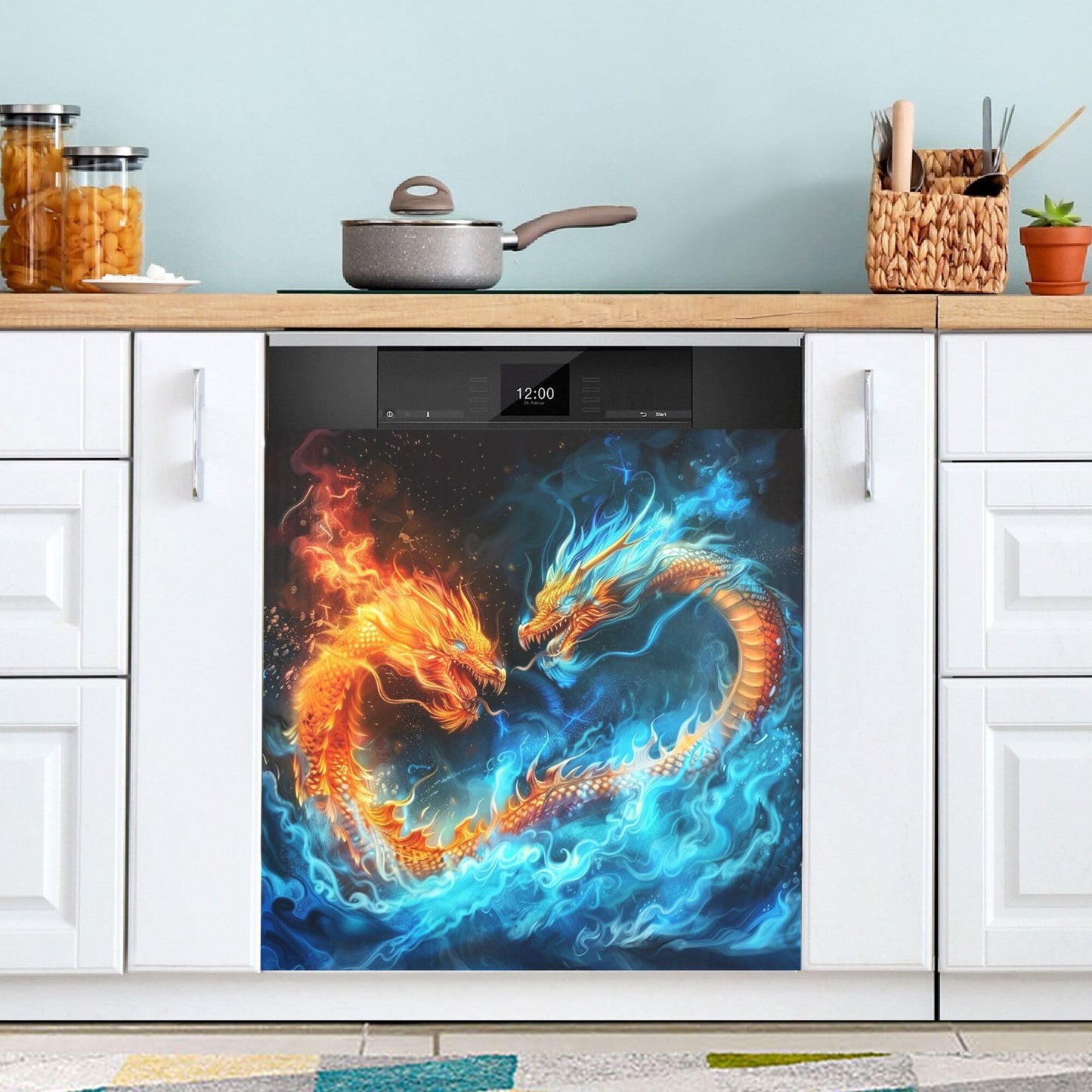 Fire Blue Dragon Dishwasher Stickers Magnetic Cover Thunder Lightning Dinosaur Dino Kitchen Fridge Magnet Covers Decals Home Decorations Vinyl Sticker Reusable 23W x 26H inches