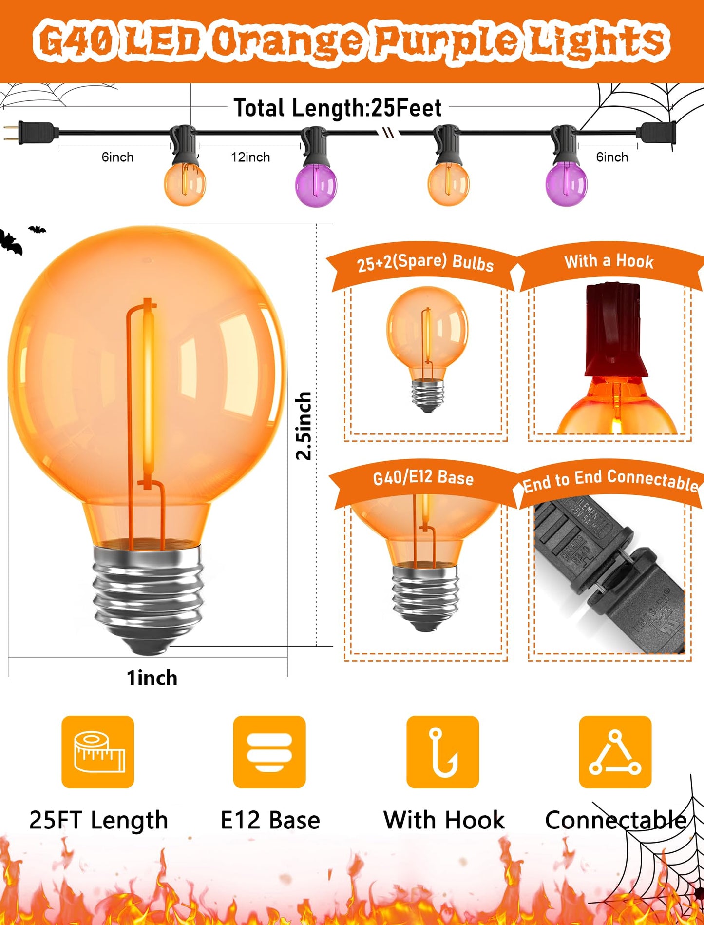 25FT Halloween String Lights Outdoor Plug-In, 25 G40 LED Bulbs & 2 Spare, E12 Base, 2700K Warm White, Shatterproof, Outdoor Halloween Decorations for Garden Patio Christmas, Clear Purple Orange