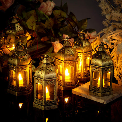 12 Pieces Mini Lanterns with Flickering LED Candle, Batteries Included, Decorative Hanging Candle Lantern for Indoor Use, Wedding, Party, Table Centerpiece (Gold, )