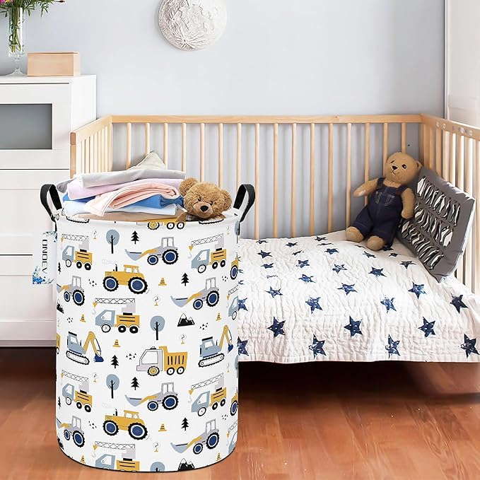 Round Foldable Laundry Hamper Kids Forest Vehicles Excavator Boys Gift Basket