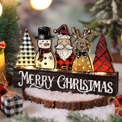 Chunful Lighted Wooden Christmas Tree Decor Rustic Christmas Tabletop Decoration Sign Xmas Tree Santa Reindeer Snowman Table Centerpieces for Home Office Fireplace Farmhouse Xmas Party Table Decor