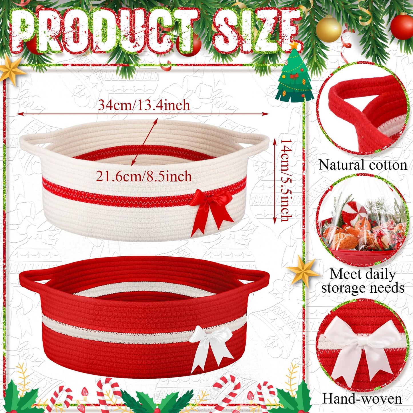 Youyole 2 Pcs Christmas Storage Gift Basket with Gift Bag and Ribbon Xmas Small Storage Basket with Bow and Handles for Nursery Home Empty Living Room Christmas Decorative Container, Red and White