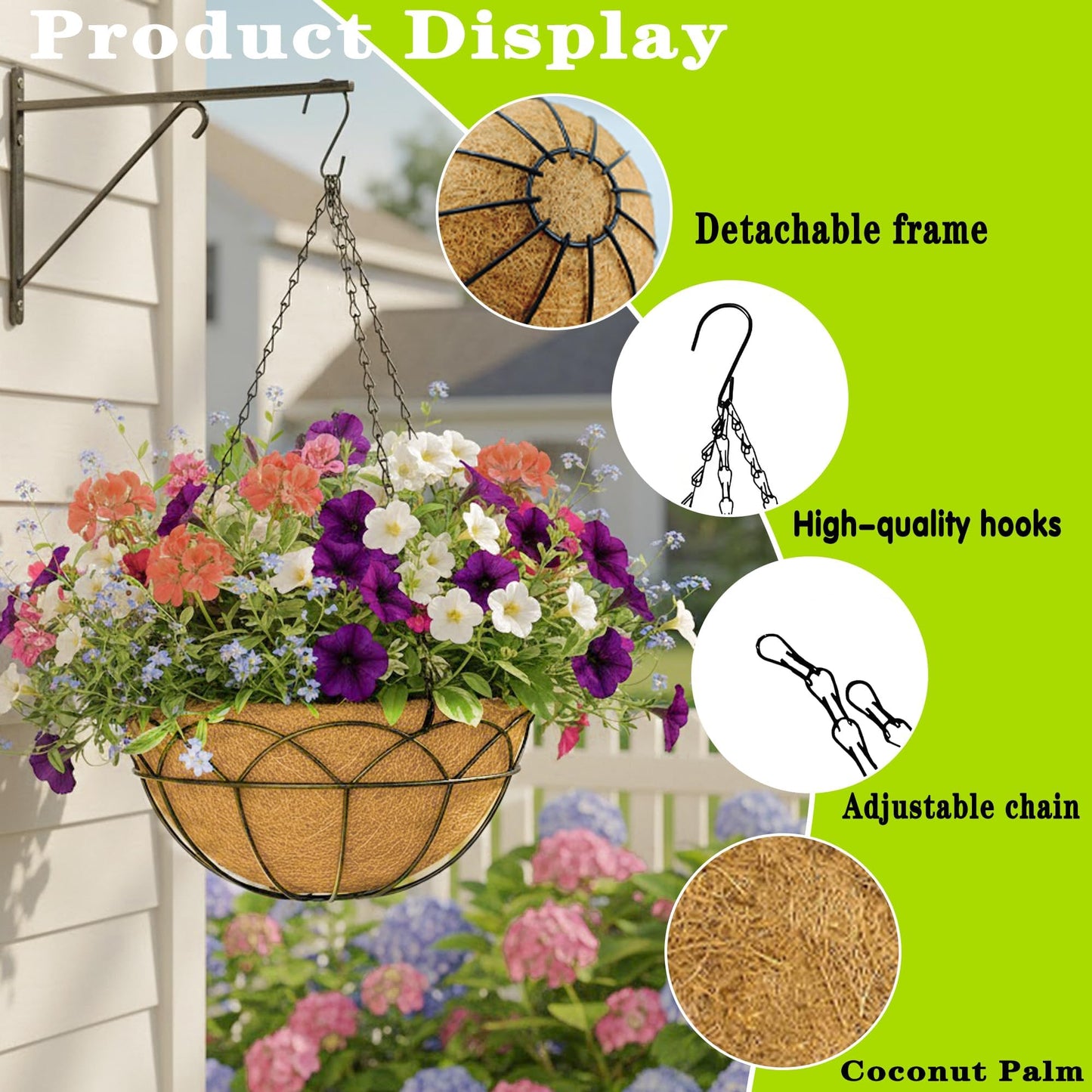 JFFLYIT 4 Pack 14 Inch Black Wire Hanging Planter with Coir Fiber Outdoor Round Hanging Basket with Metal Chain for Balcony Porch Farmhouse Country Style Garden Decor (Lotus Pattern)
