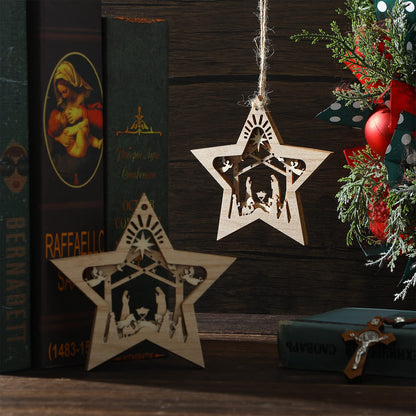 Blulu 12 Pieces Christmas Nativity Scene Ornaments Set Bulk 3D Christian Wooden Hanging Ornament Xmas Tree Nativity Ornaments The Birth of Jesus Story Decor Religious Gift for Family (Star Shaped)