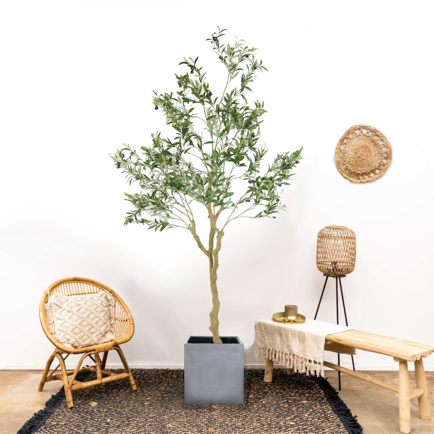 Nafresh Tall Faux Olive Tree，7ft（84in） Realistic Potted Silk Artificial Indoor with Green Leaves and Big Fruits for Home Office Living Room Bedroom Stairs Foyer Decor.