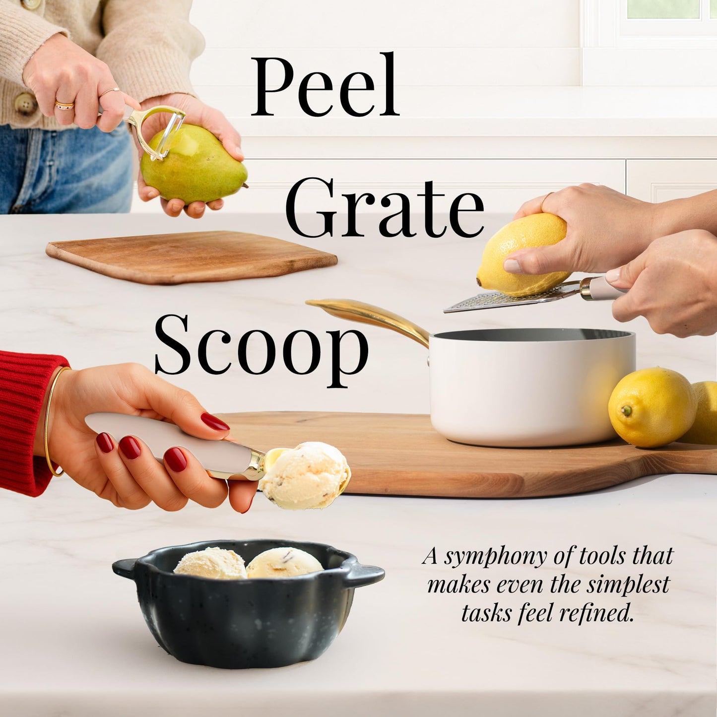 White & Gold Cooking Utensils Set - Luxe 8-Piece Kitchen Gadget Set Includes Can Opener, Tongs and Garlic Press - Stylish White and Gold Kitchen Accessories for Modern Kitchens, Ideal for Gifting