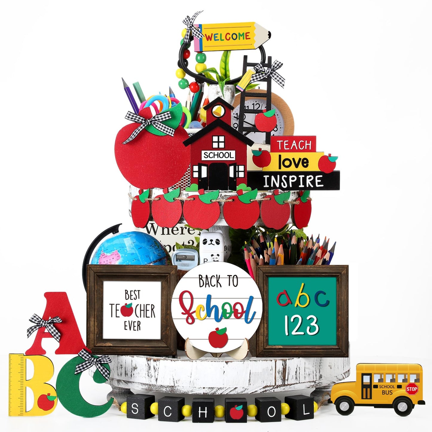 Mifoci 19 Pcs Back to School Tiered Tray Decor Signs Wood Sign Back to School Table Centerpiece Farmhouse Rustic Table Decor for Student Home Tabletop