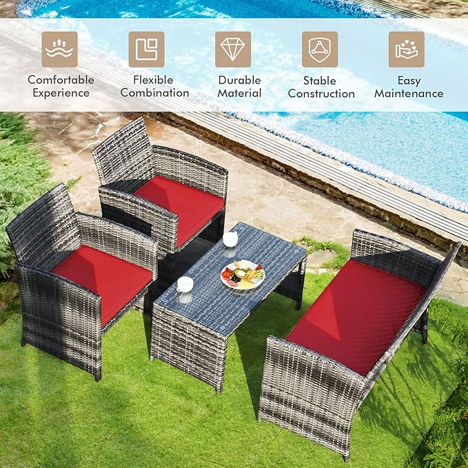 Goplus 4-Piece Rattan Patio Furniture Set, Outdoor Wicker Conversation Sofa