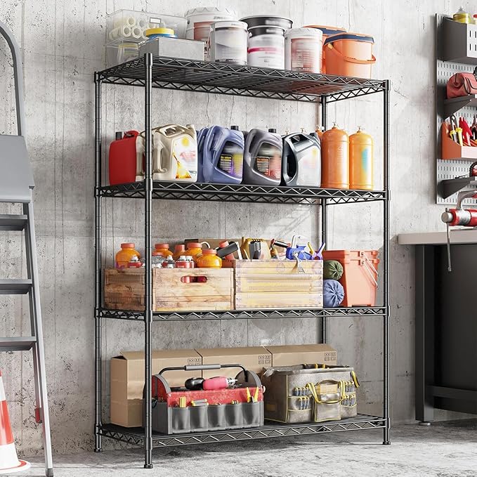 Xcity Storage Shelves, 4 Tier Heavy Duty Metal Shelving Unit with Wheels, 1600 LBS Capacity Adjustable Steel Wire Shelf Organizer for Pantry, Kitchen, Garage, 18" D x 36" W x 60" H, Black