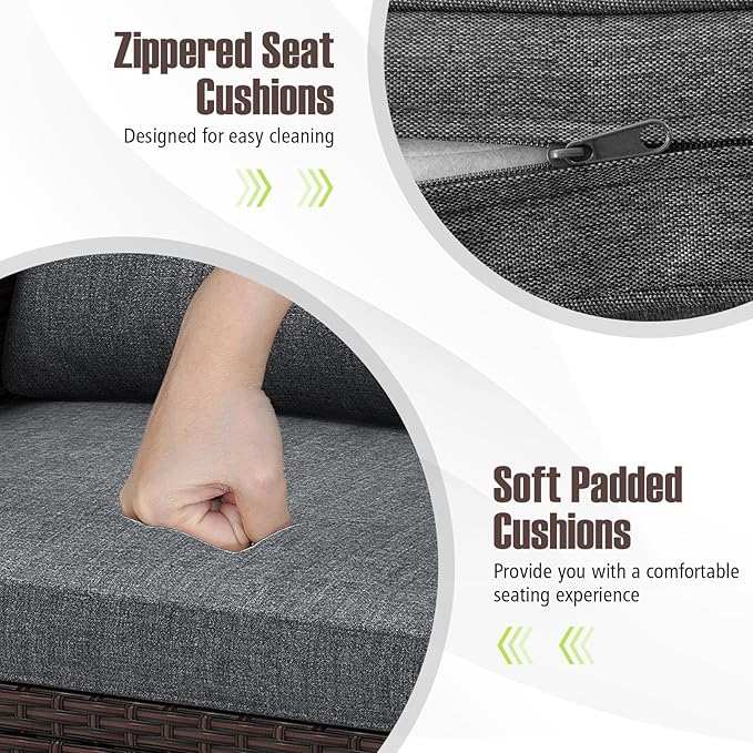 COSTWAY 3PCS Patio Furniture Set, PE Rattan Wicker Sofa w/Washable Cushion and