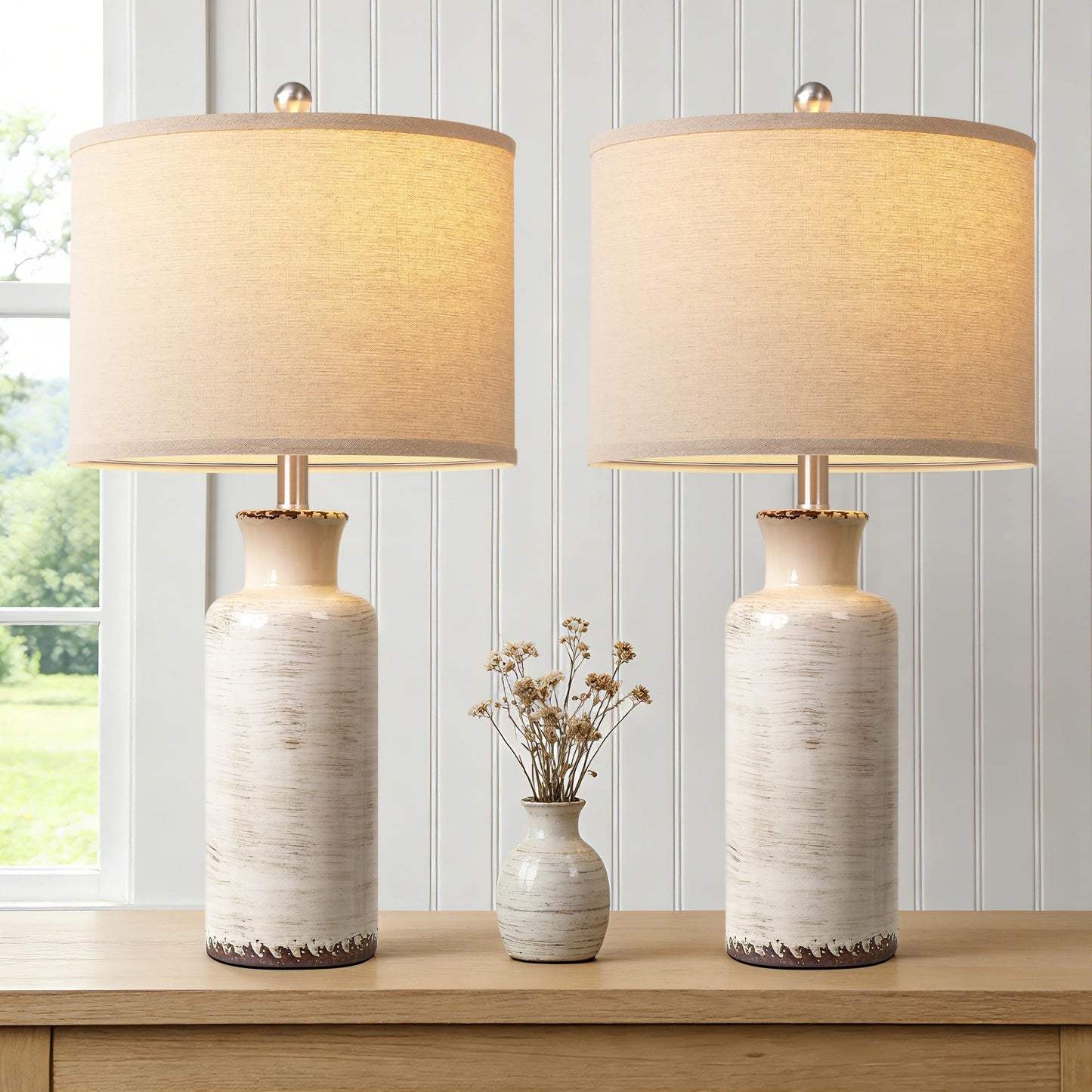 QiMH 25" Modern Lamps for Living Room, Unique Flowing Glazes Ceramic Table Lamp Set of 2 with Linen Lampshade, Beige Rustic Farmhouse Beside Lamps for Bedroom Nightstand Home Decor(Bulb Included)