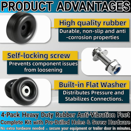 4-Pack Heavy Duty Rubber Anti-Vibration Feet &Rubber Bumpers - 1" x 2.5" Shock Absorbing Pads with Screw Kits for Generators,Pressure Washers,Air Compressors,Pumps,Trailer Ramp Door Bumpers