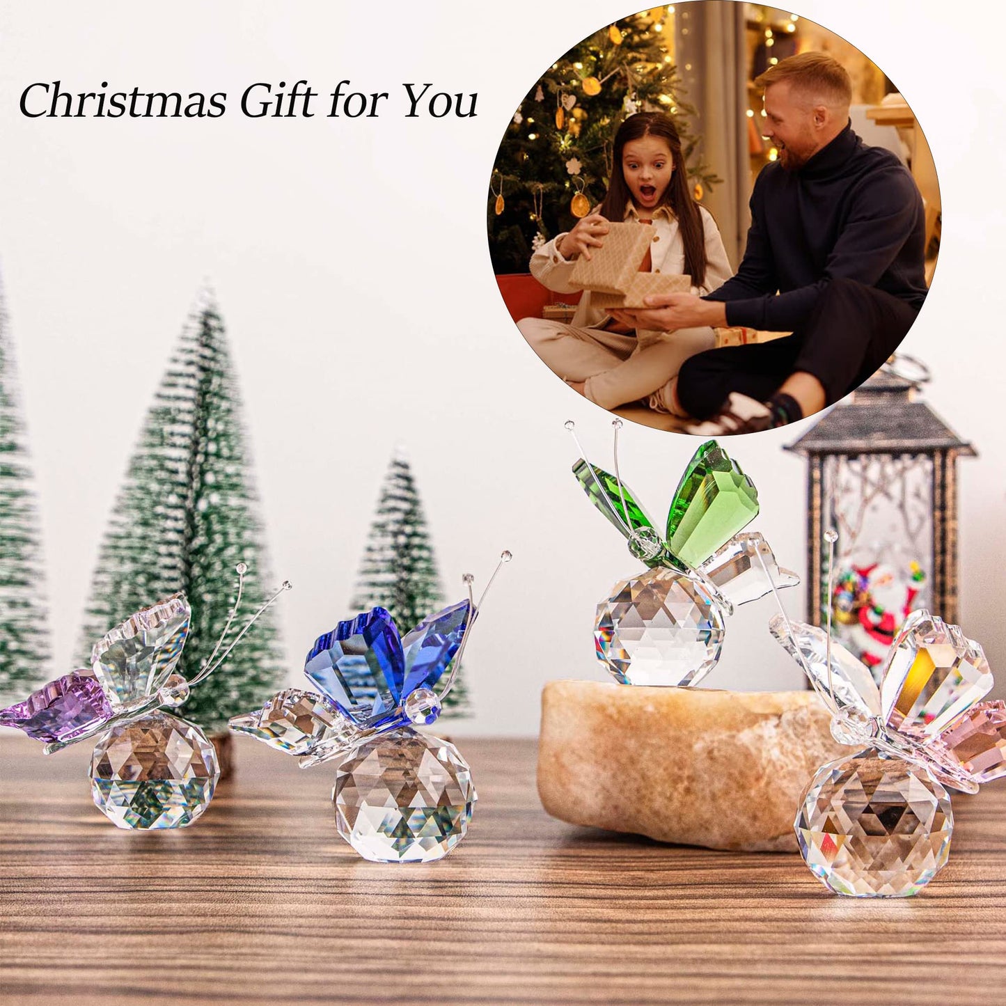 H&D HYALINE & DORA Set 4pcs Crystal Flying Butterfly with Ball Base Figurine Cut Glass Ornament Statue Animal Figurine Collection Home Wedding Office Table Decorations