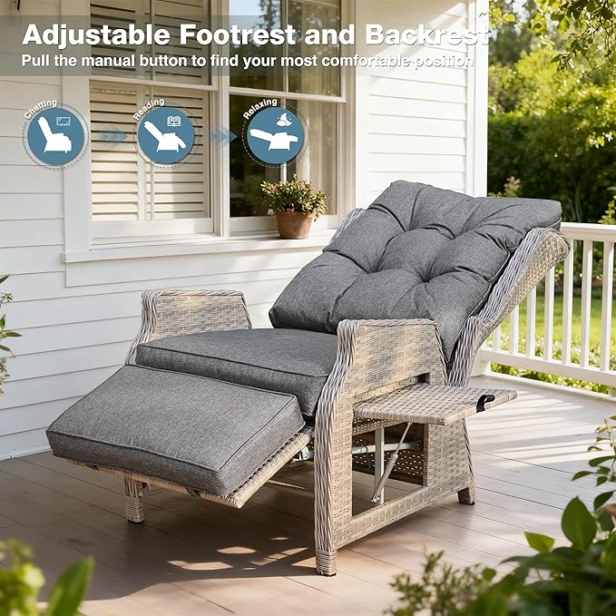 Outdoor Recliner with Adjustable Back and Footrest, Patio 150° Lay Flat Recliner with Flip Table Wicker Reclining Lounge Chair, Grey with Beige Wicker