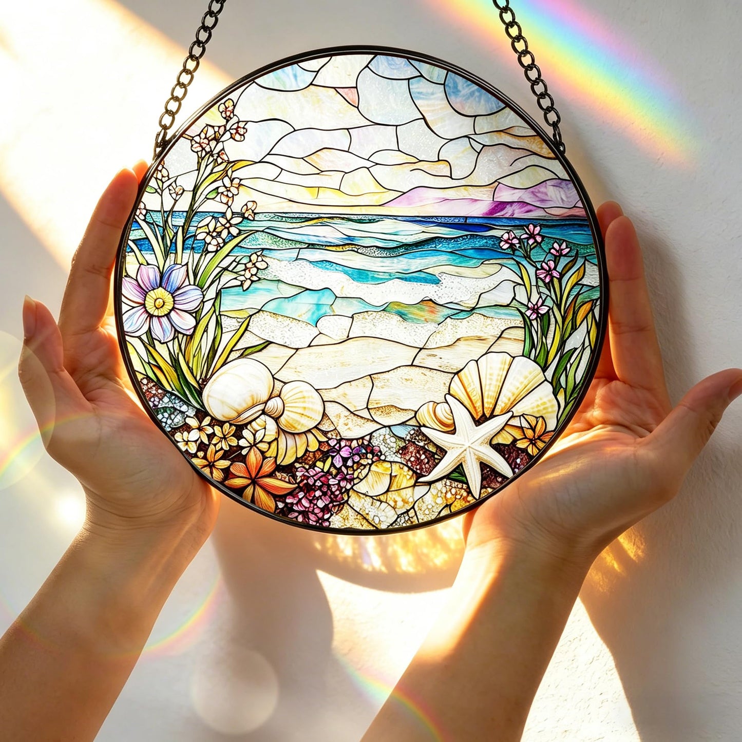 Stained Glass Window Hanging, 7.8 Inch Beach Stained Glass Suncatcher Ornament, Suncatchers for Windows, Doors & Home Decor, Starfish Coastal Window Decor, Summer Lover Gift & Gift for Beach Lovers