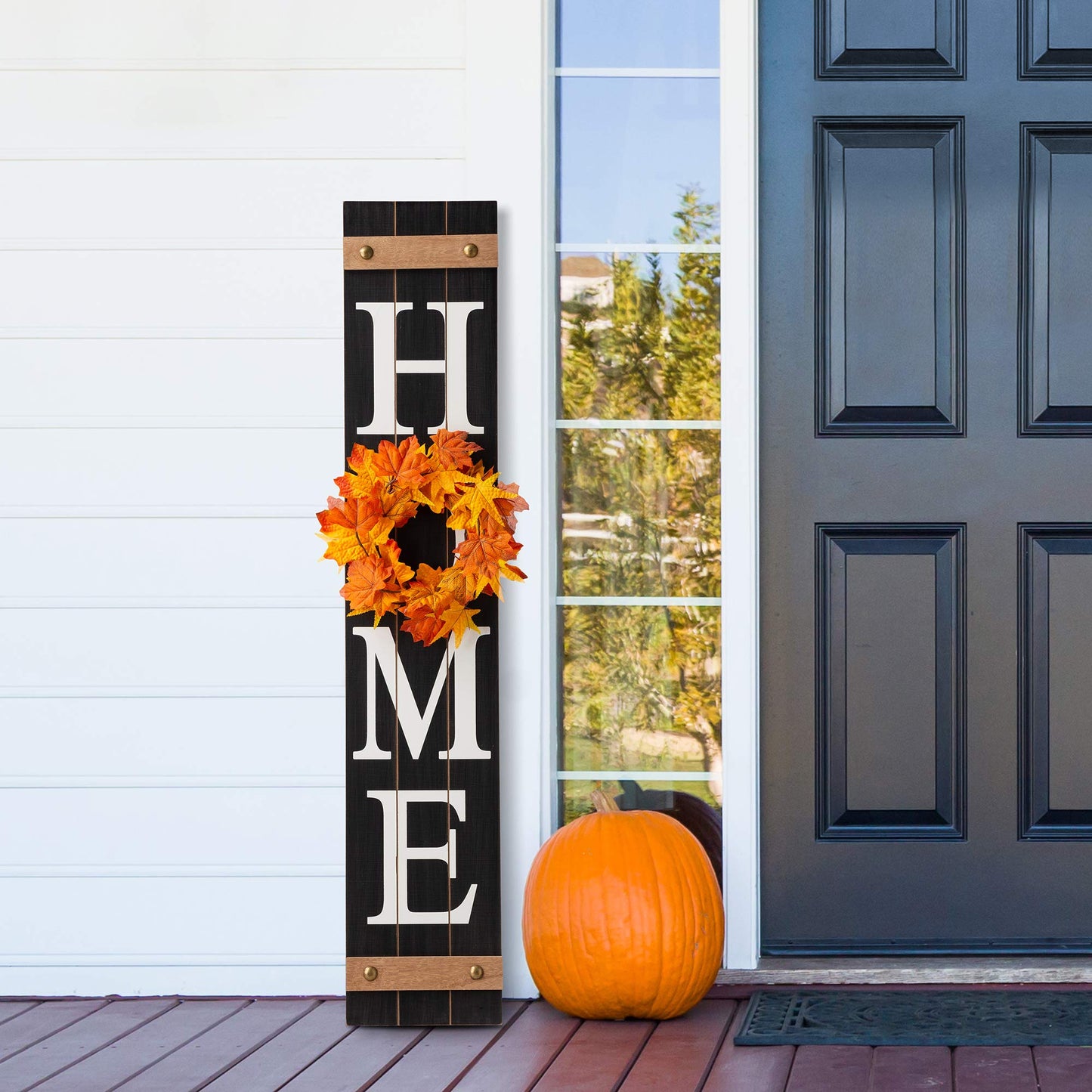 Glitzhome 42" Wooden Welcome Home Porch Sign with Interchangeable Wreaths for Front Door Vertical Farmhouse Standing Home Sign Hanging Wall Sign for Year Spring Fall Thanksgiving Christmas