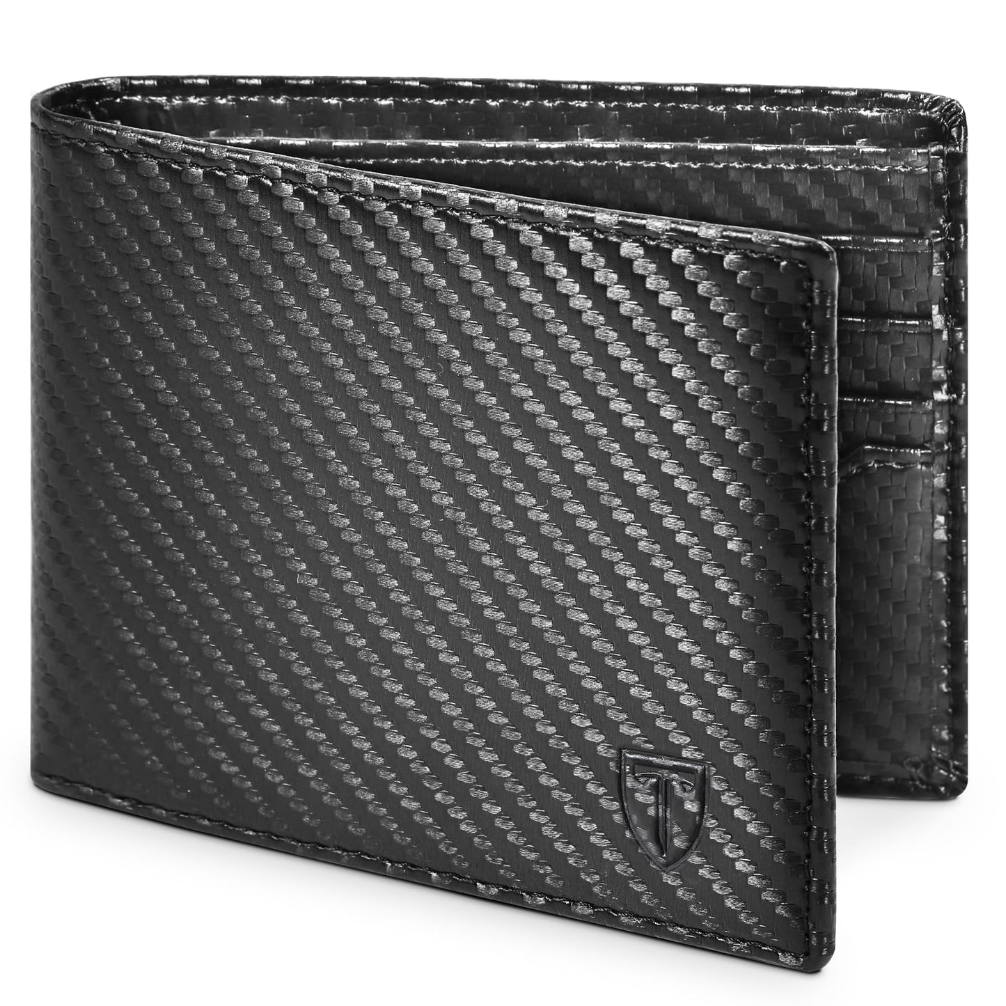 TEEHON Mens RFID Blocking Carbon Fibre Leather Wallet - Bi-Fold Card Wallet with 10 Card Slots, 2 ID Windows, 2 Cash Compartments - Black