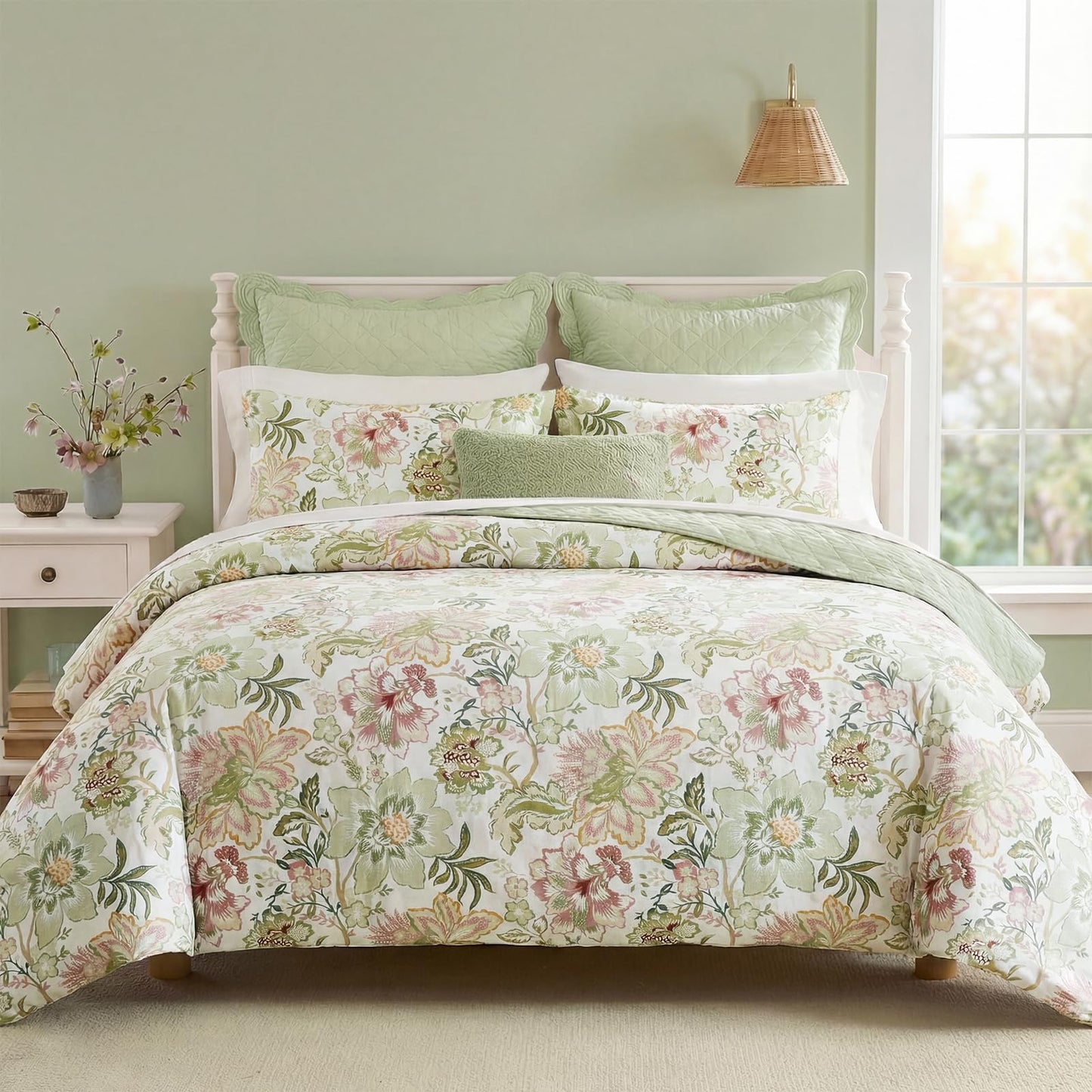 Bedorm 100% Cotton Duvet Cover Set Botanical Floral Bedding King Pink Flower Green Leaf French Country Bedroom Decor Soft & Durable Duvet Cover with Zipper Closure and Corner Ties