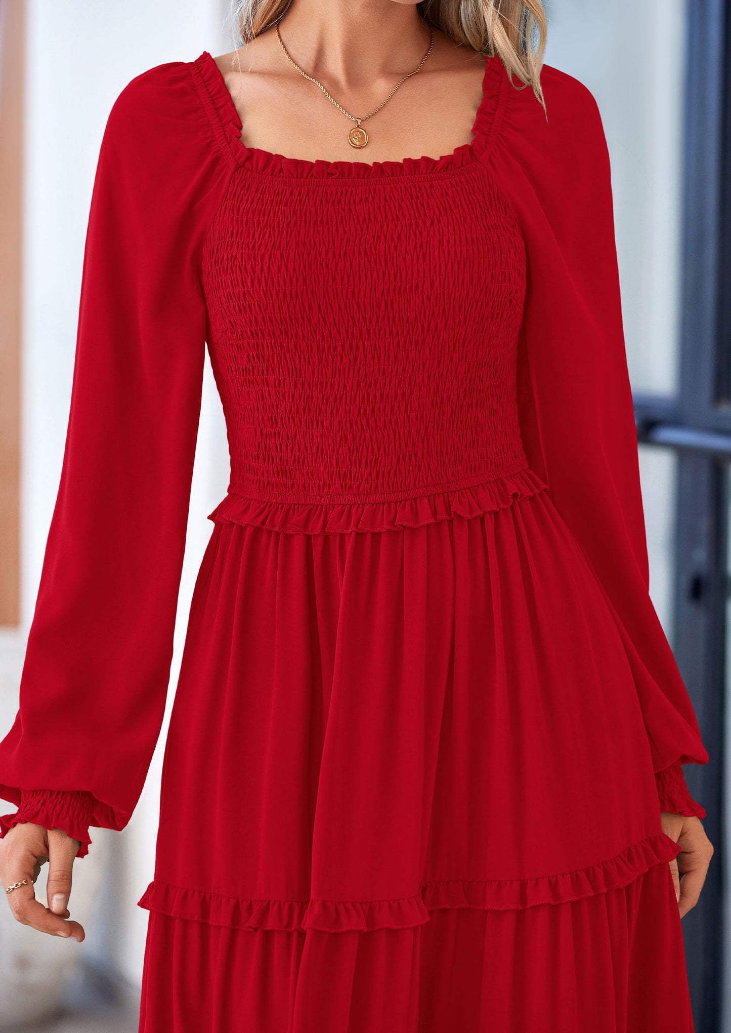 PRETTYGARDEN Fall Wedding Guest Dresses for Women 2025 Long Sleeve Square Neck Tiered A Line Modest Elegant Flowy Dresses (Red,Small)