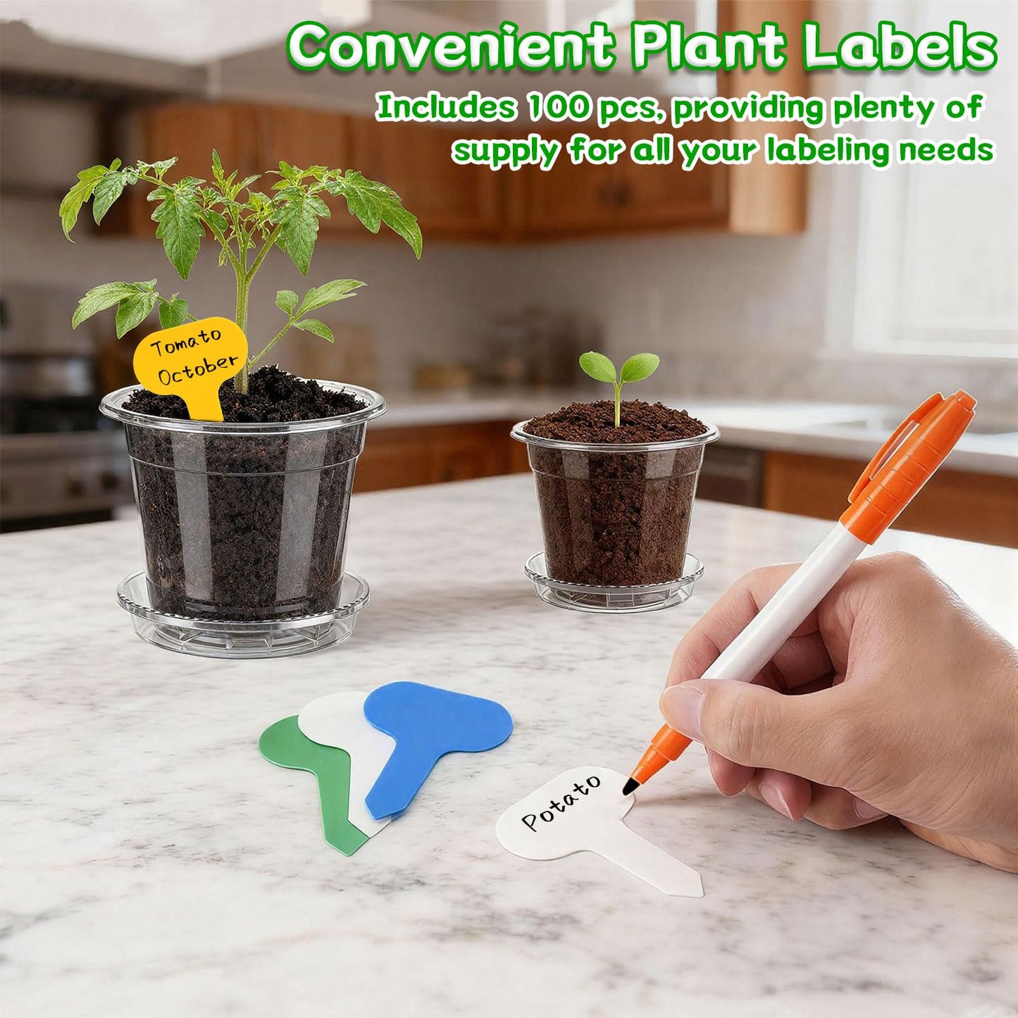 FDKYOEK 30Pack Clear Nursery Pots with Drainage and Saucer, 3/4/5/6/7in Clear Plastic Pots for Plants Flowers Succulents Vegetables, Transparent Plant Pots with 100 Planter Labels for Seedling Starter