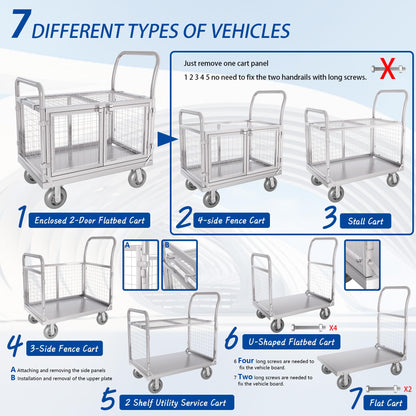 Upgrade Platform Truck with Cage, Mutipurpose 7-in-1 Heavy-Duty Utility Cart,2-Door Design Foldable Flatbed Cart with Industrail Wheels, Rmovable Fence, Load 2000lbs for Grocery/Laundry/Stall/Storage