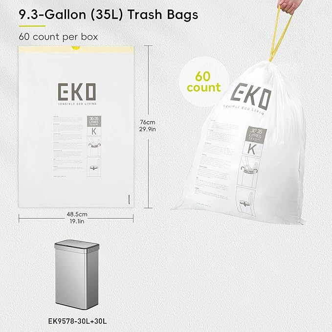 EKO 9.3 Gallon / 30–35 Liter Drawstring Trash Bags, Extra-Strong Leak-Resistant