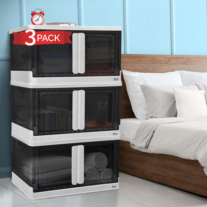 Reli. Storage Bins with Lids and Doors (3 Pack) | 19 Gallon Collapsible Storage Bins with Lids | Collapsible Stackable Plastic Cabinet with Built-in Wheels | Heavy Duty Closet Organizers