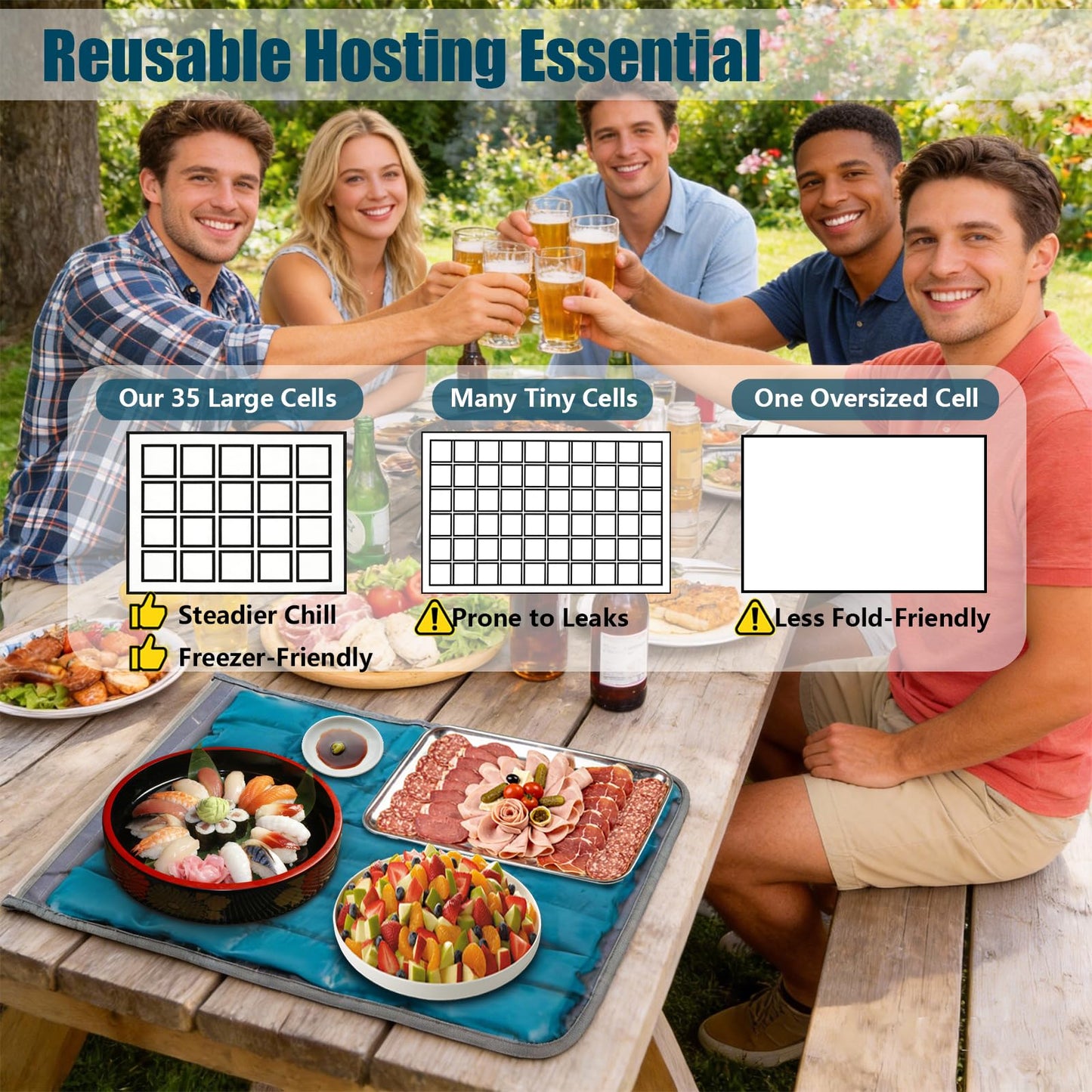 Babeezy Party Mat Chiller Foldable Reusable Cooling Mat with Sleeve, Extra-Large 45×35 cm(Soak-to-Activate) 35 Large Cells Tray Chiller for Charcuterie, Cheese, Shrimp, Sushi, Salads & Dips