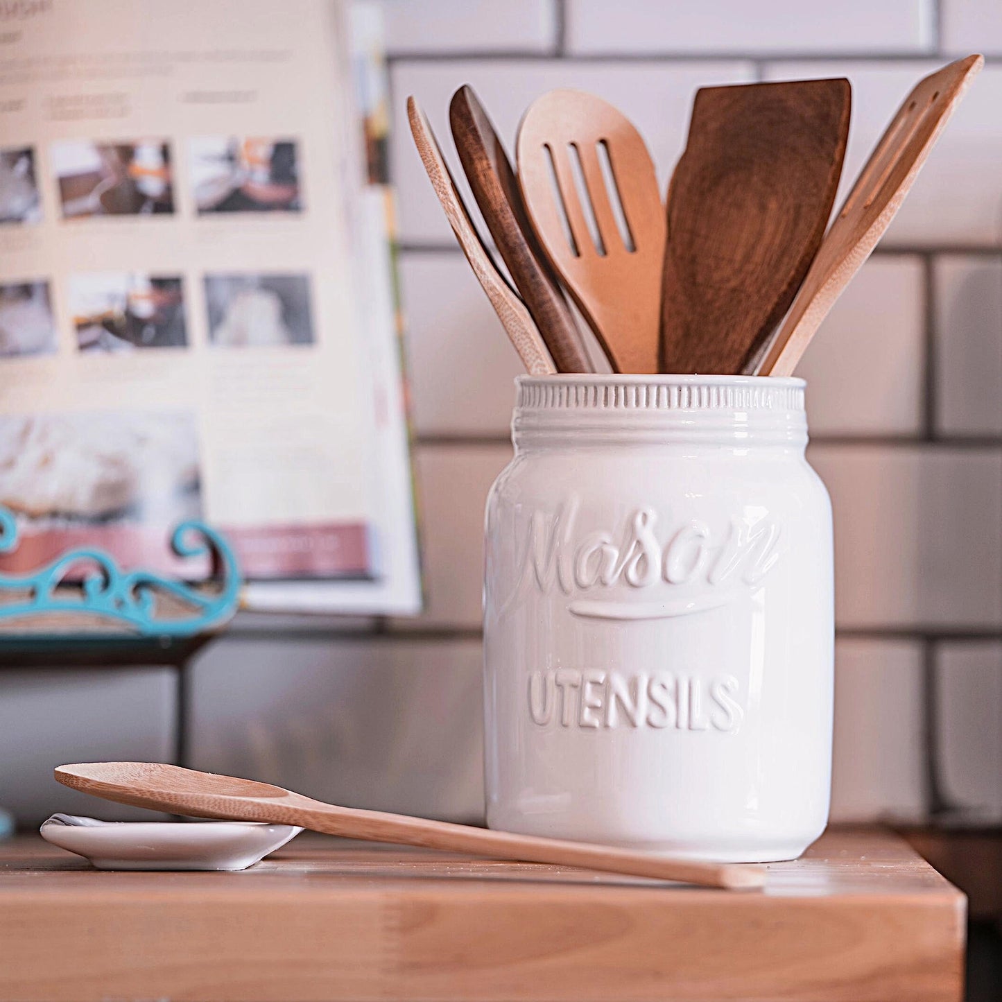Farmhouse Canisters Sets for the Kitchen - Mason Jar Ceramic Kitchen Utensil Holder, Spoon Rest, Cute Cookie Jar, Salt & Pepper Shaker Sets, Sponge Holder, Measuring Cups & Spoons (White,17-Pc Bundle)