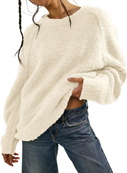 Beaully Women's Oversized Long Sleeve Crewneck Fuzzy Knit Warm Sweaters 2025 Fall Pullover Sweater Tops