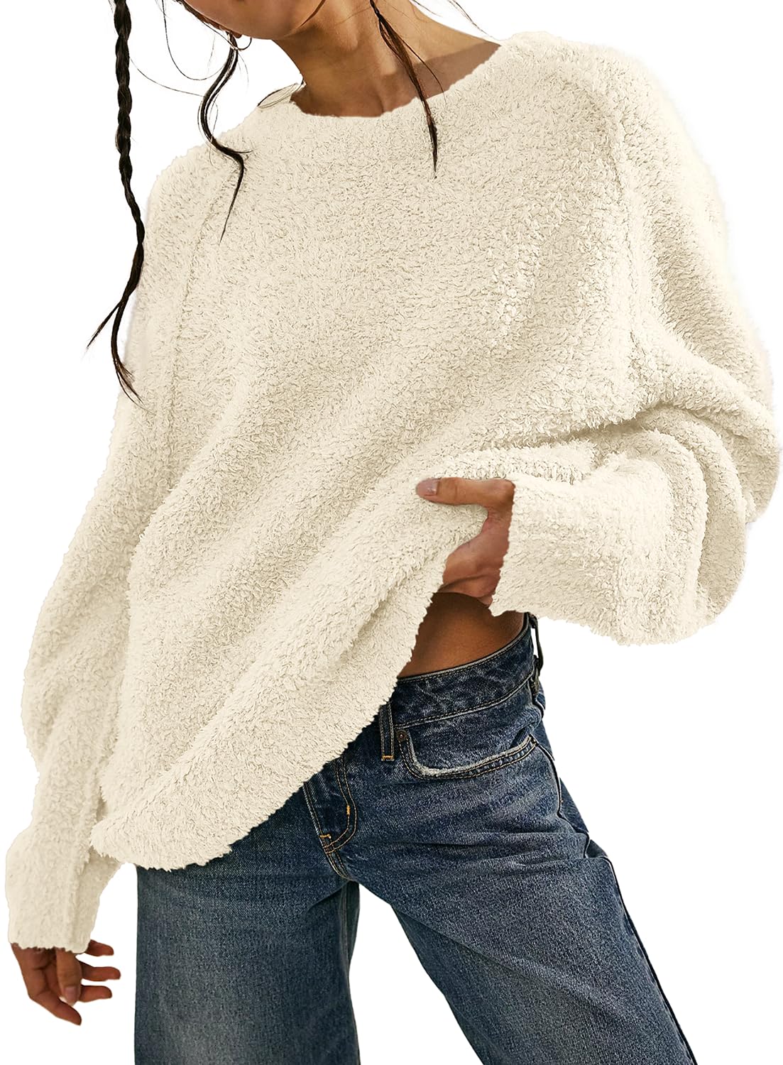 Beaully Women's Oversized Long Sleeve Crewneck Fuzzy Knit Warm Sweaters 2025 Fall Pullover Sweater Tops