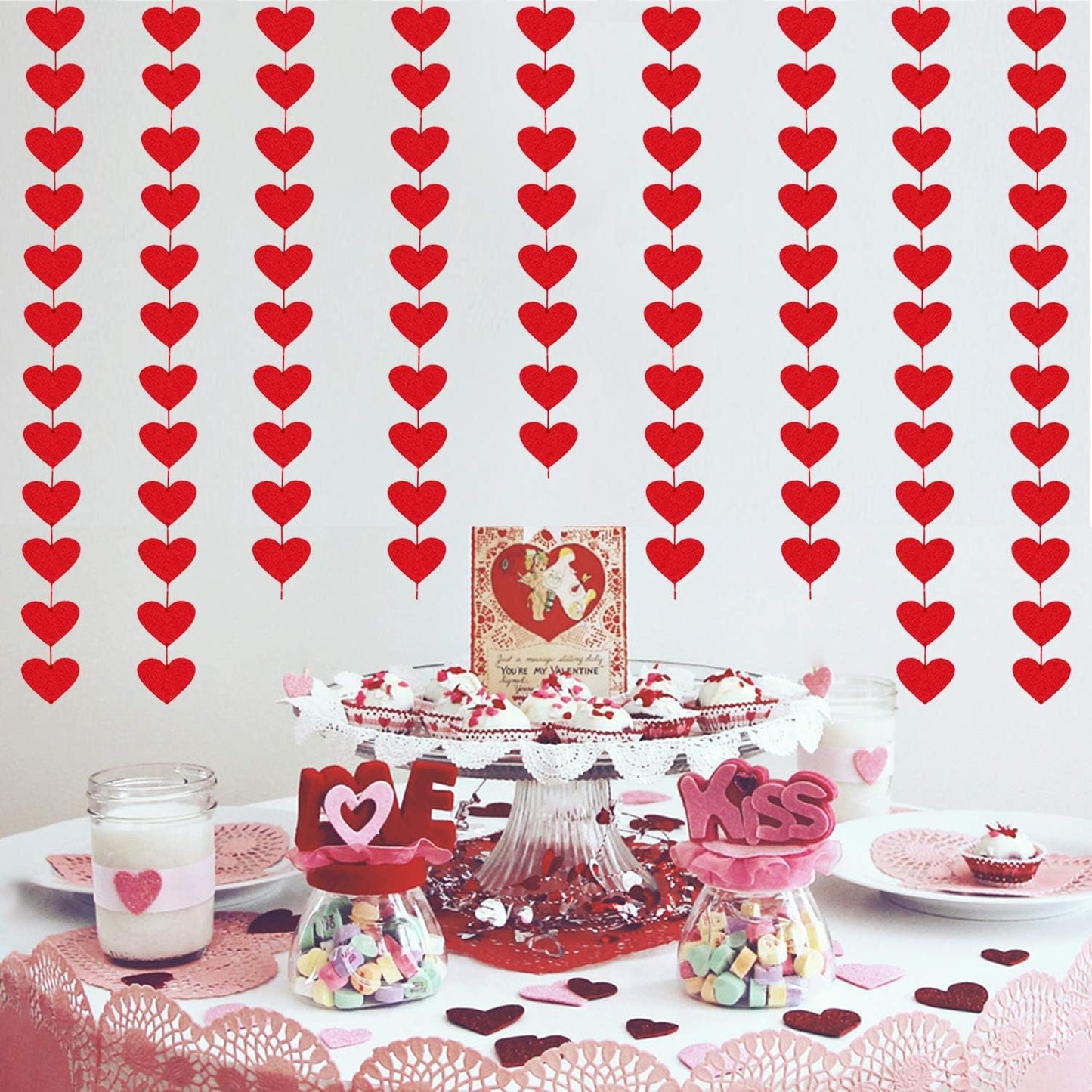 72 Red Hearts Felt Garland - NO DIY - Valentines Red Heart Hanging String Garland - Valentines Decor - Valentine Decorations - Valentines Wedding Anniversary Birthday Party Supplies