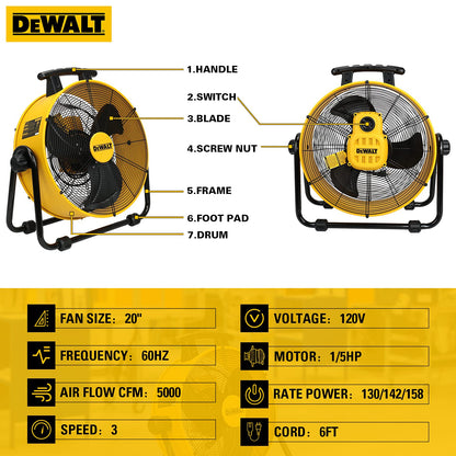 DEWALT DXAM-2260 Portable Air Mover/Floor Dryer, 600 Cfm & DEWALT DXF-2042 High-Velocity Industrial,Warehouse Fan Heavy Duty Mover Portable Air Circulator 3-Speed Adjustable Tilt, 20", Yellow