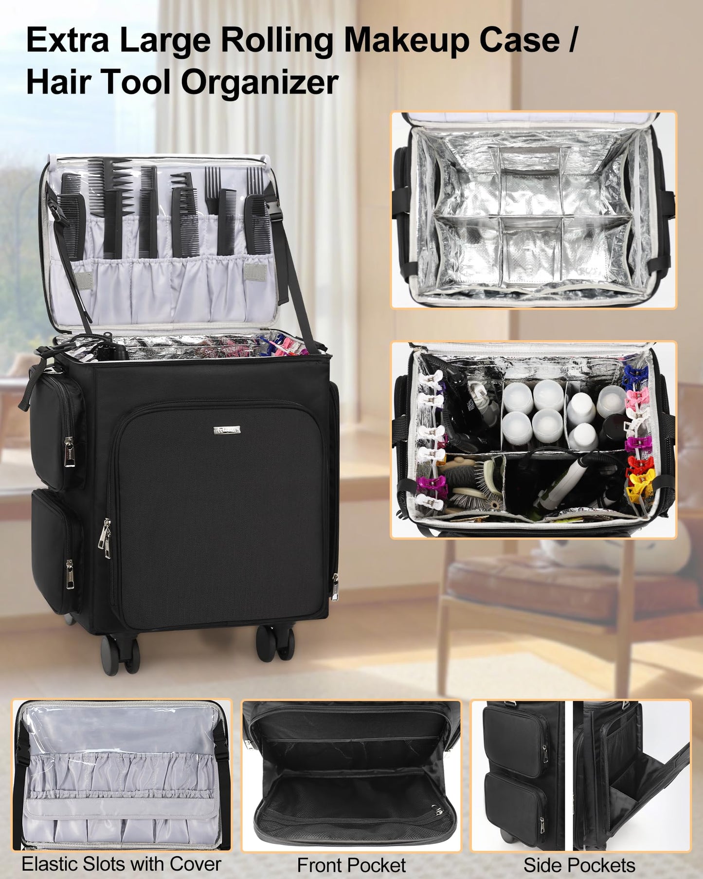 Relavel Rolling Makeup Case, 4 in 1 Hairstylist Traveling Bag Cosmetology Case on Wheels Large Hair Tools Cosmetics Train Case Makeup Artist Storage Organizer Trolley Suitcase with 360° Swivel Wheels