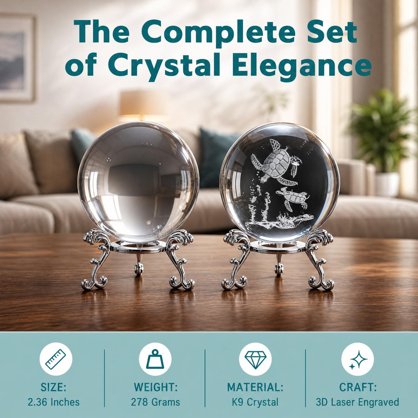 vskikris 2 Crystal Balls with Silver Stands - 3D Laser Engraved Sea Turtle & Clear Crystal Sphere Set, Decorative Paperweights, Home & Party Decor, Photography Props, Gifts for Women & Nature Lovers