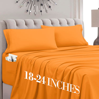 Mocassi Full Size 4-Piece Bed Sheet Set - 1800 Premium Hotel Quality Microfiber 18-24 Inches Extra Deep Pocket Fitted Sheet- Luxury Soft, Breathable, Wrinkle, and Fade Resistant, Orange