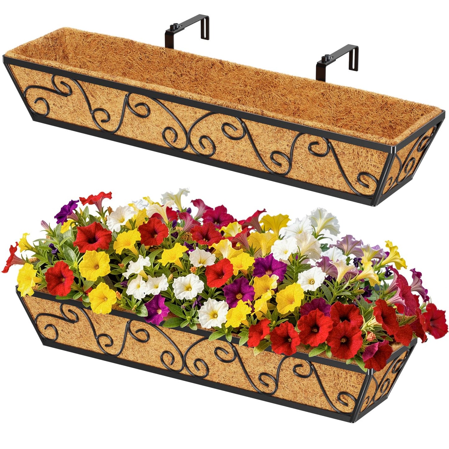LAWYAMAI 2PCS 30 Inch Railing Planter with Adjustable Brackets, Window Box with Coco Liner, Hanging Flower Box for Balcony Deck Fence, Metal, Black