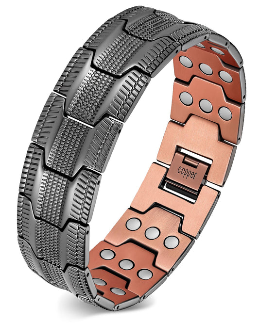 Feraco 3X Strength Copper Bracelets for Men Magnetic Bracelet with 3 Row Neodymium Magnets Adjustable Length, Pure Cooper Jewelry Gifts for Men (Gray, Tyre Graphics)