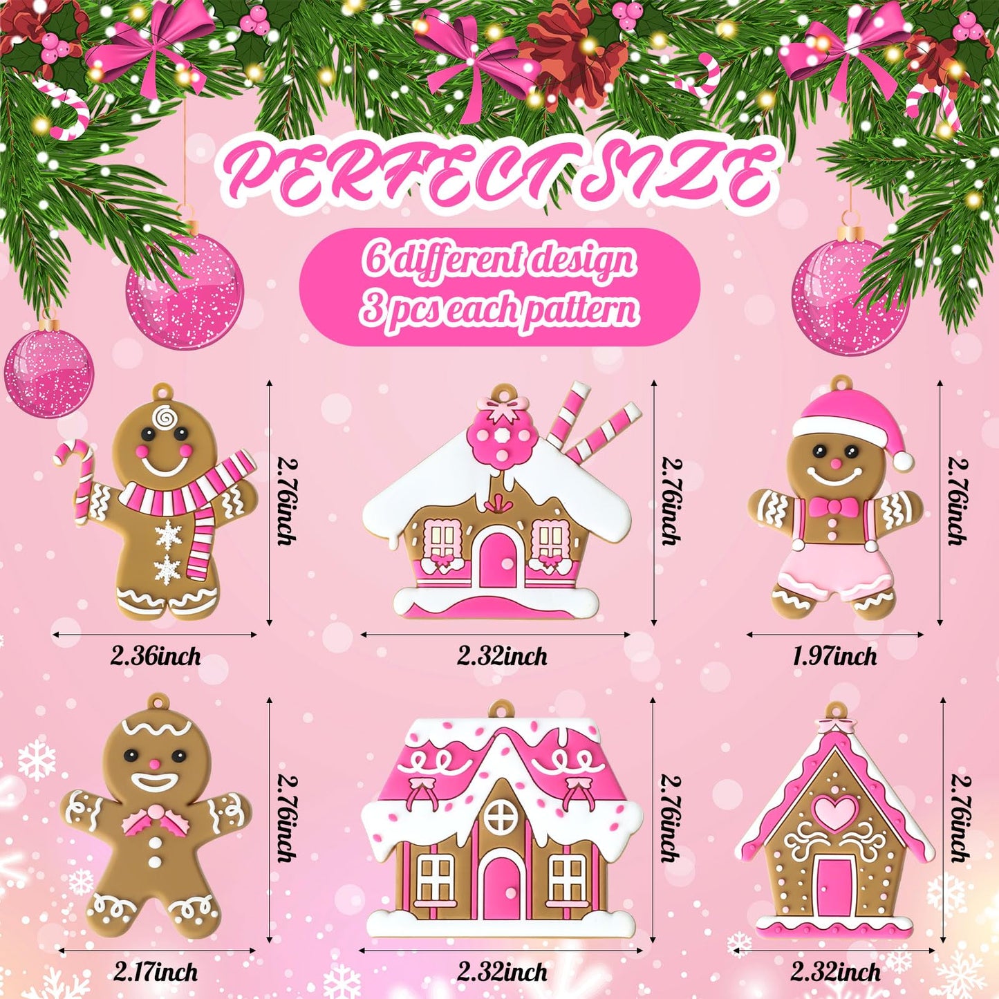 Threehoney 18 Pcs Pink Gingerbread Man Ornaments for Christmas Tree Pink Gingerbread House Candy Cane Pendant Charm Cute Plastic Christmas Decoration Hanging Party Decor for Xmas Winter Party Supplies