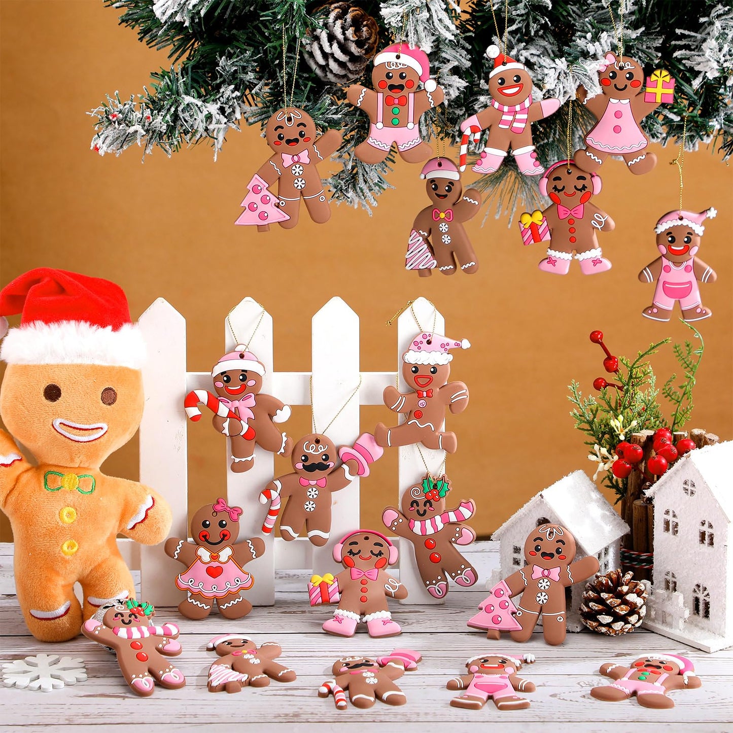 Lunmon 36 Pcs Gingerbread Christmas Ornaments PVC Pastel Pink Gingerbread Man Ornaments Candy Cane Tree Decorations Cute Xmas Hanging Cutout Christmas Decorations for Tree Home Indoor Party (Girly)