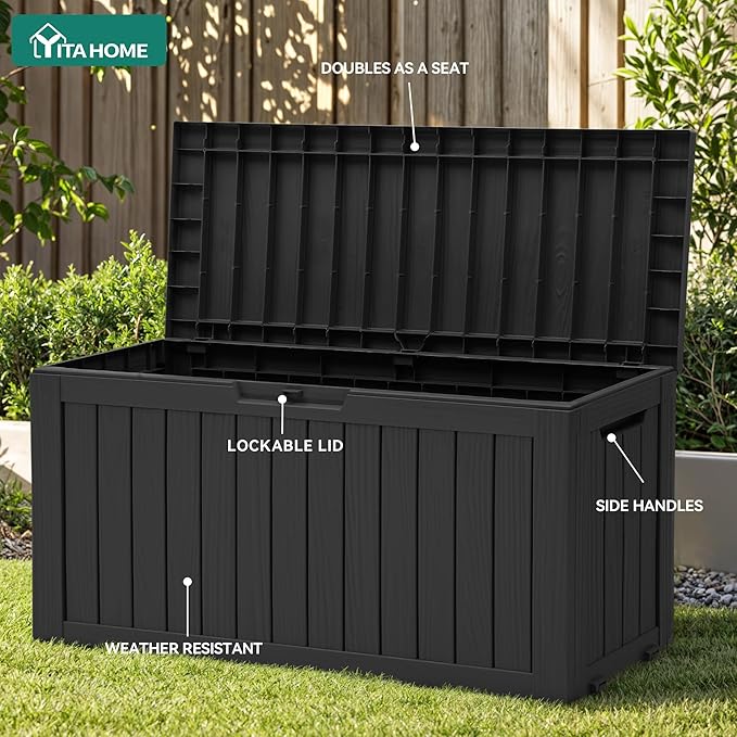 YITAHOME 72 Gallon Outdoor Resin Deck Box with Wheels, Pool Storage Box for Outdoor Cushions, Sports Equipment, Garden Tools, Black