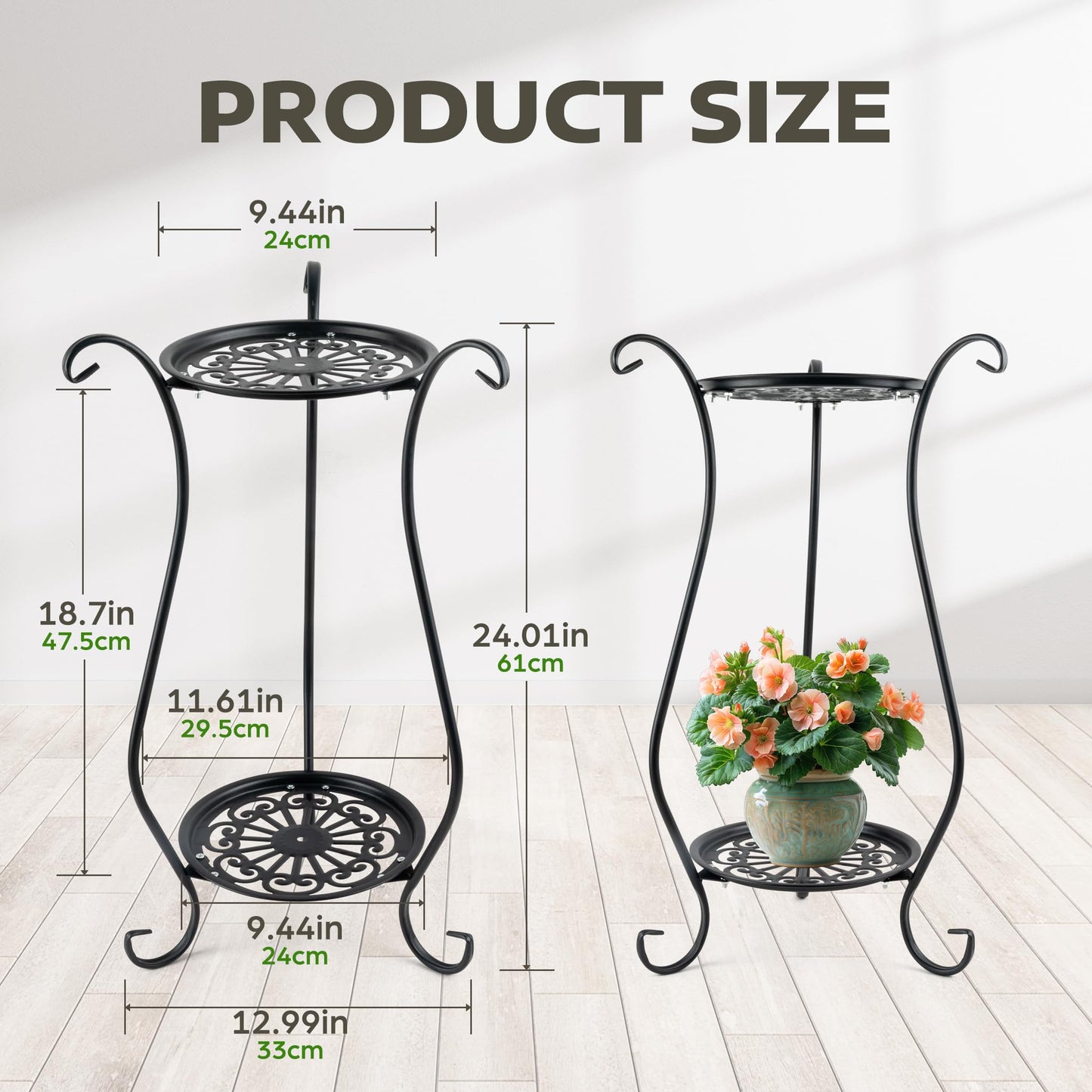 WECHARM HOME 2-Tier Heavy Duty Metal Plant Stand | Round Indoor Outdoor Potted Plant Holder, Black Corner Display Shelf