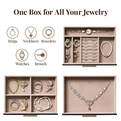 pickpiff Jewelry Box Organizer Case for Women: 3-Layer Jewelry Storage Case with Glass Window, Black Leather with Blush Velvet, Holder for Ring Necklace Bracelet Brooch Watch, Great Gift for Her