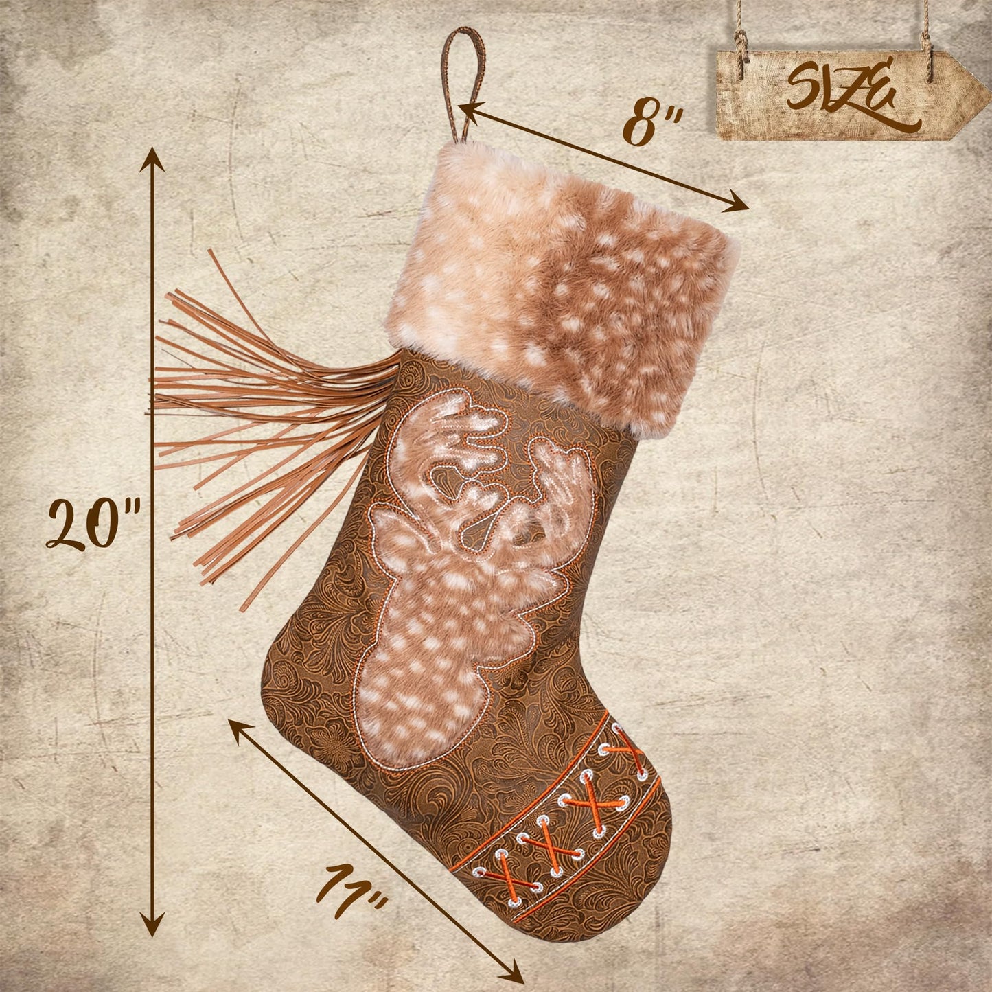 LUBOT 2025 Christmas Stockings Set of 6, Western Cowboy 20" Rustic Farmhouse Fireplace Hanging Décor Neutral Embossed Leather & Plush Faux Fur with Tassel Accents Large Family Xmas Stockings