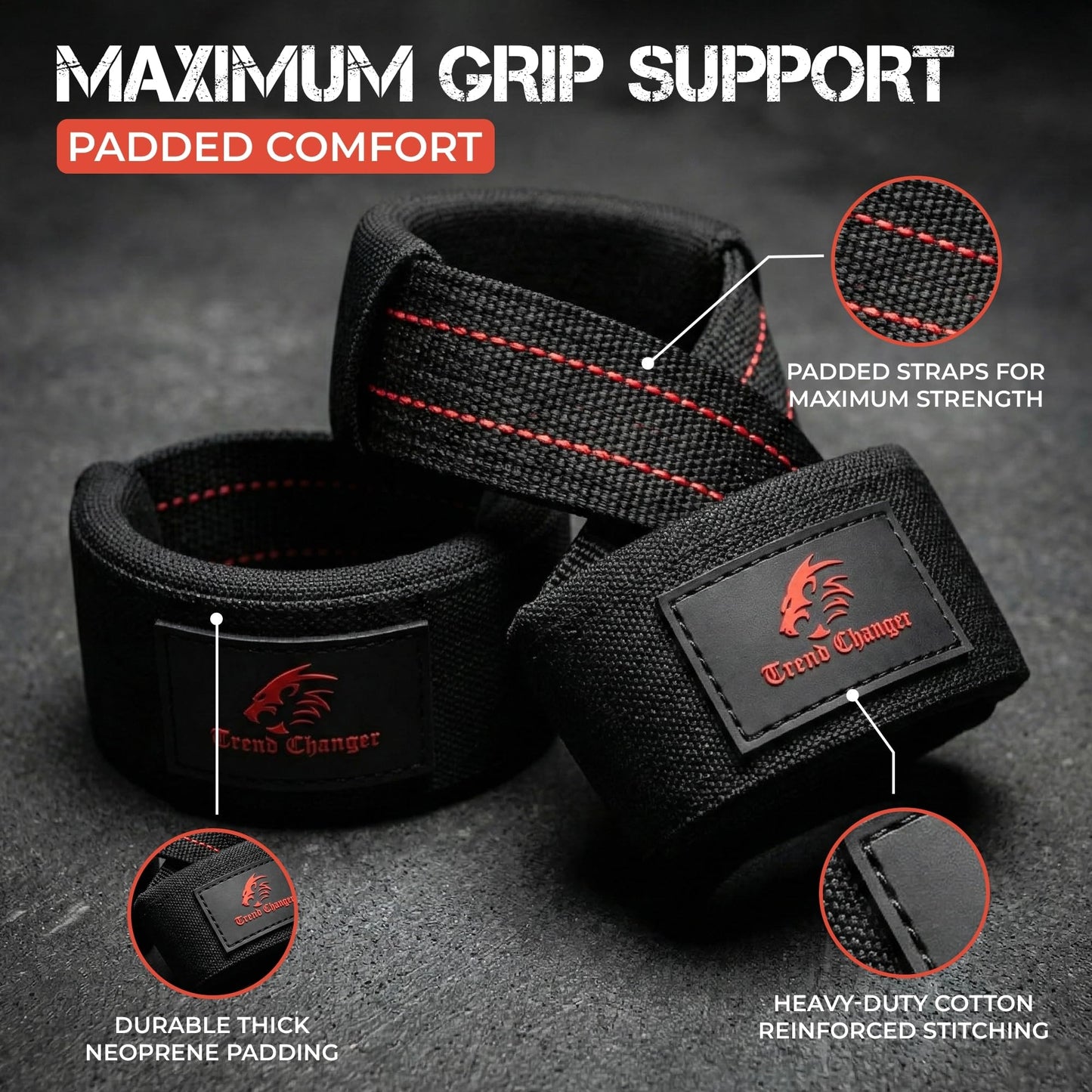 Trend Changer Figure 8 Lifting Strap Padded Deadlift Straps Heavy Duty Weight Lifting Straps Strongman Axle Bar Straps Weightlifting Wrist Wraps (Medium (Upto 8.0'' Wrist Circumference), Red White)
