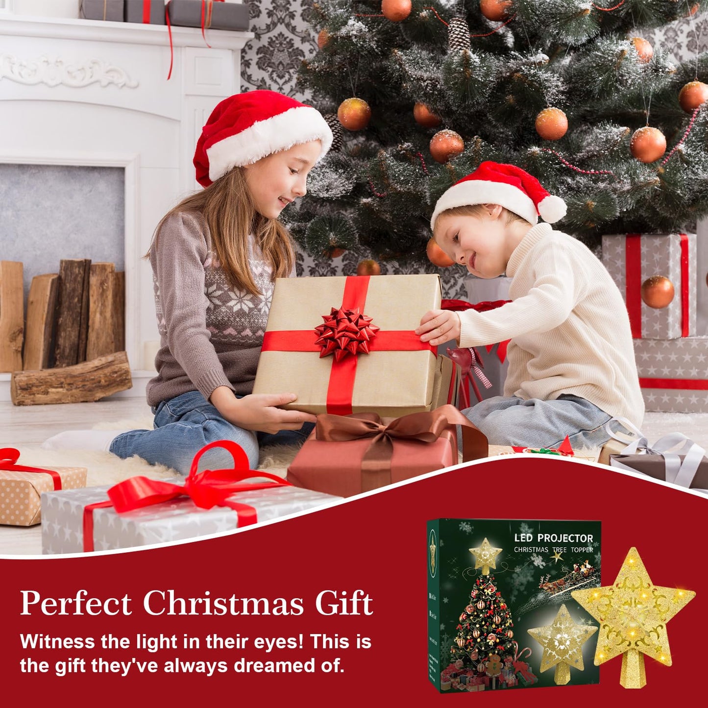 Christmas Tree Topper with Built-in 360° LED Rotating Projector, 3D Hollow Sparkling Gold Star, 3m Plug in Christmas Tree Top Decorations, Indoor Office Party Holiday Home Xmas Treetop Cool Ornament
