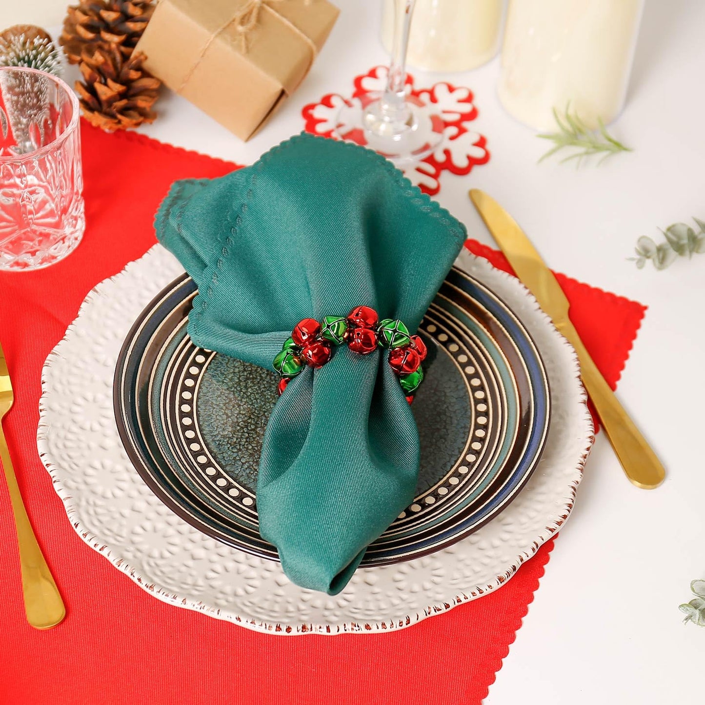Getfitsoo Christmas Napkin Rings Set of 6, Thanksgiving Bells Napkin Rings with Green and Red Bell Metal Buckles for Christmas Table Decor, Weddings, Parties