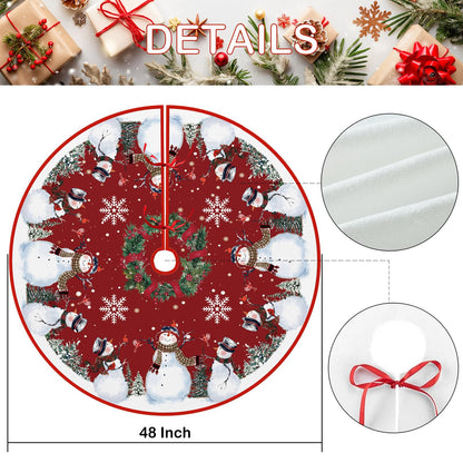 EKOREST Snowman Christmas Tree Skirt 48 Inches, Red Backgrond Snowflake Pencil Tree Skirt, Winter Xmas Tree Mat Decorations for Home Party Holiday Decorations