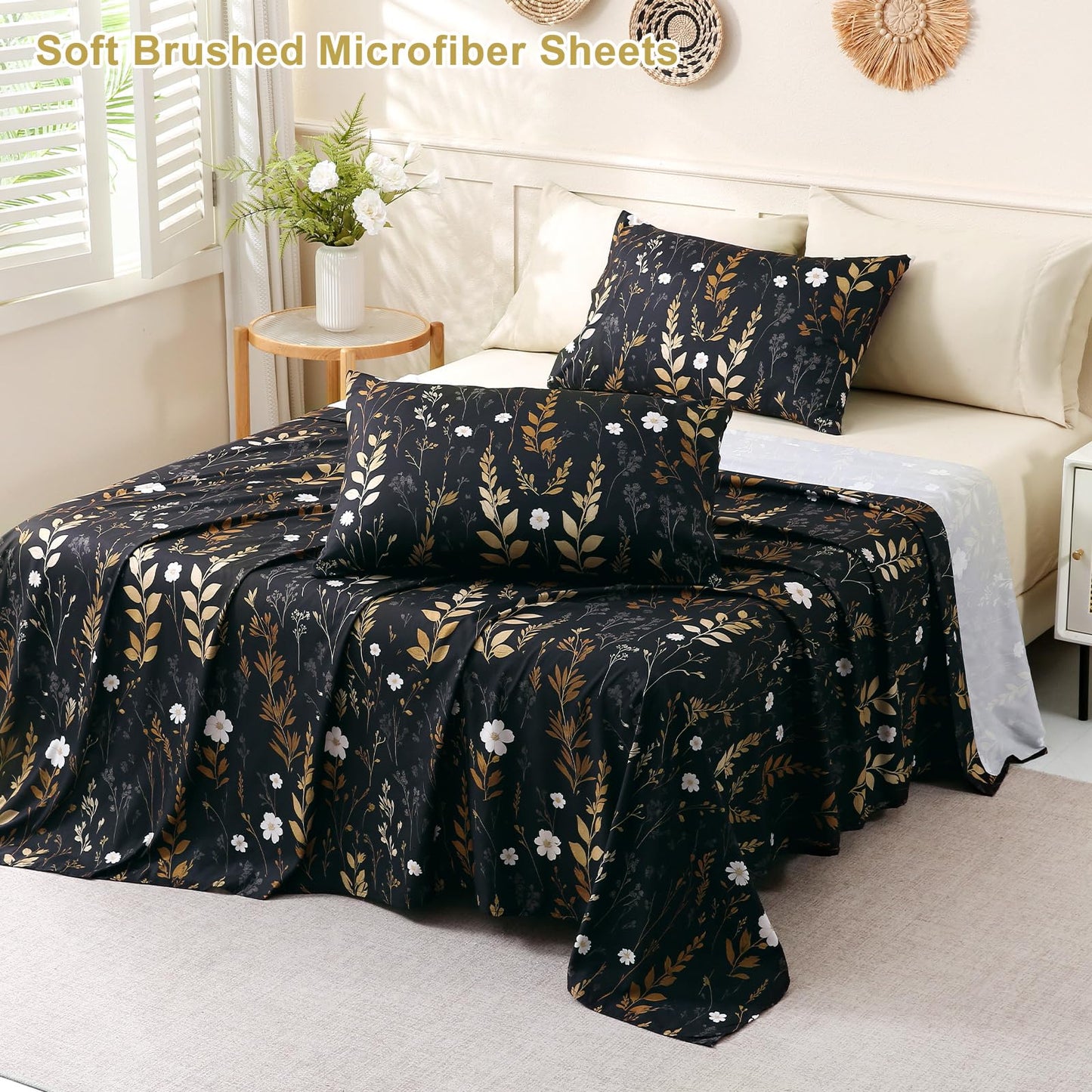 Botanical 6-Piece Full Size Sheets Set, Boho Floral Print Brushed Microfiber Sheets, Cooling Bed Sheet Set, Ultra Soft & Breathable, 16' Deep Pocket Fitted Sheet & Pillowcase Set, Beige Brown Leaves