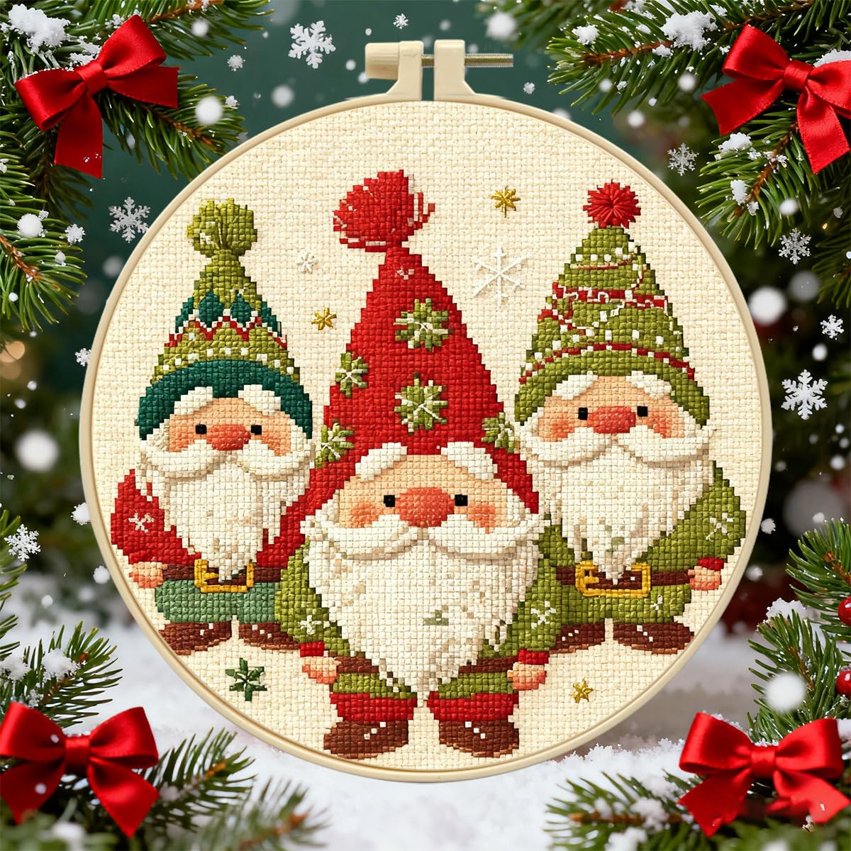 Zhenqing 11CT Stamped Cross Stitch Kit for Adults Beginners, Hand Embroidery Christmas Ornaments with Hoops and Instructions - Four-Piece Stocking Set (68448)